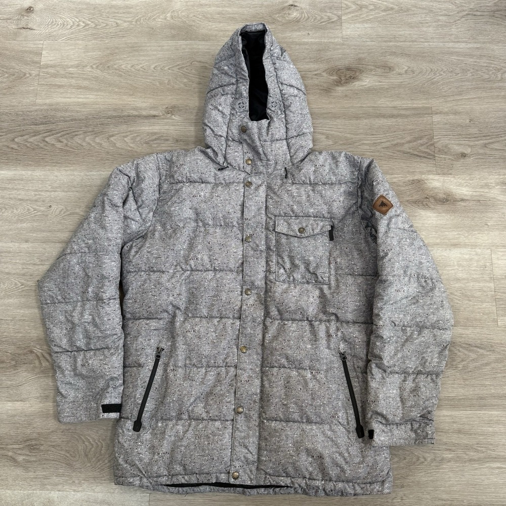 Burton DryRide Jacket Mens Large Gray Herringbone Puffer Hooded Snowboard Parka